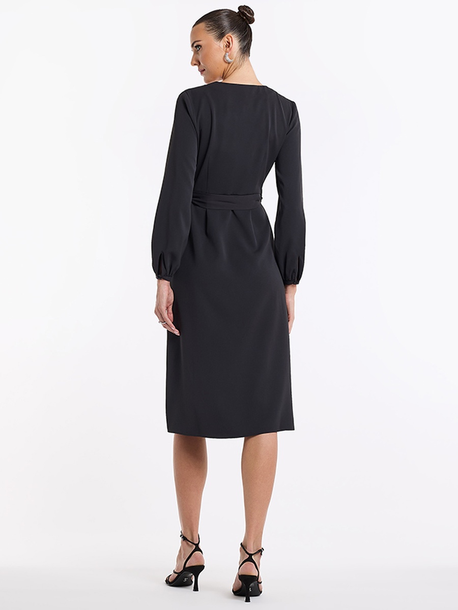 Solid Long Sleeves Wrap Midi Dress