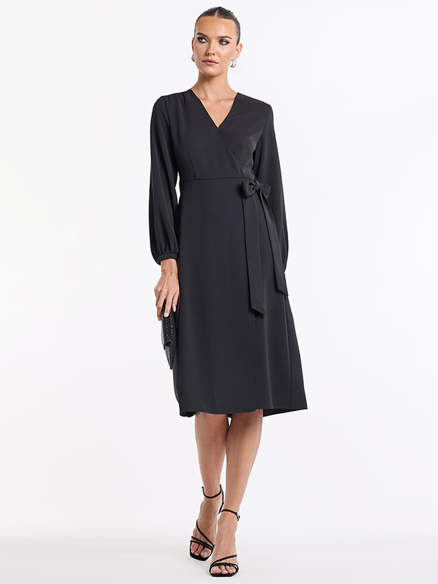 Solid Long Sleeves Wrap Midi Dress