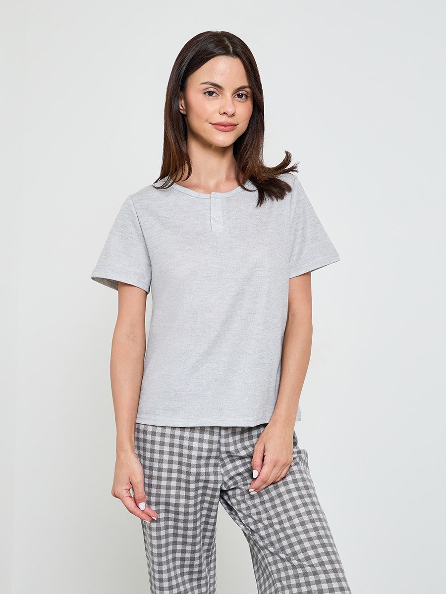 Grey Solid T-Shirt and Checked Pyjama Set