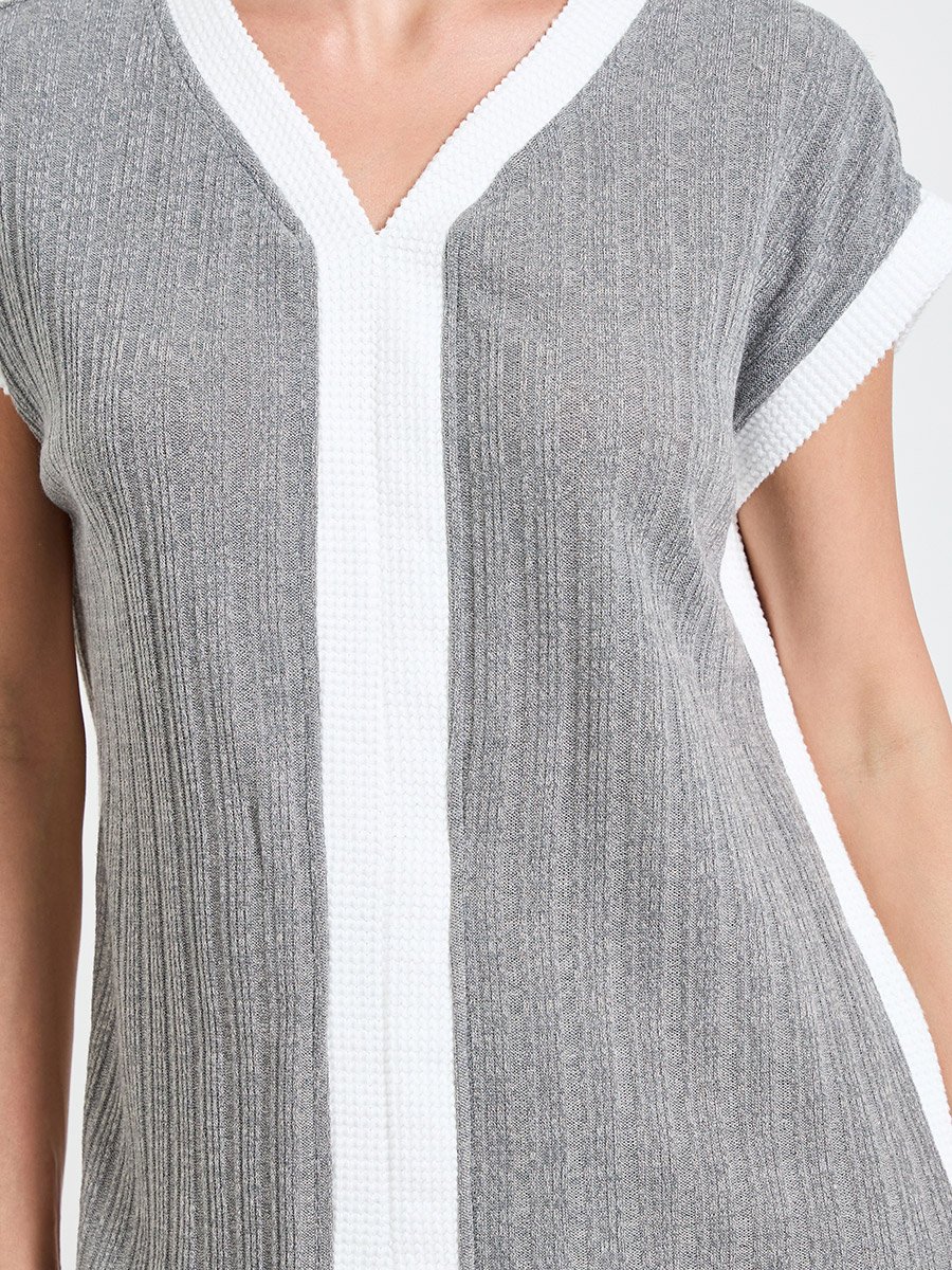 Grey Ribbed Contrast Trim Top and Pyjama Set