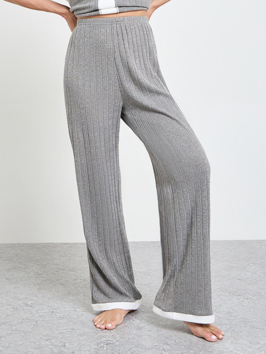 Grey Ribbed Contrast Trim Top and Pyjama Set
