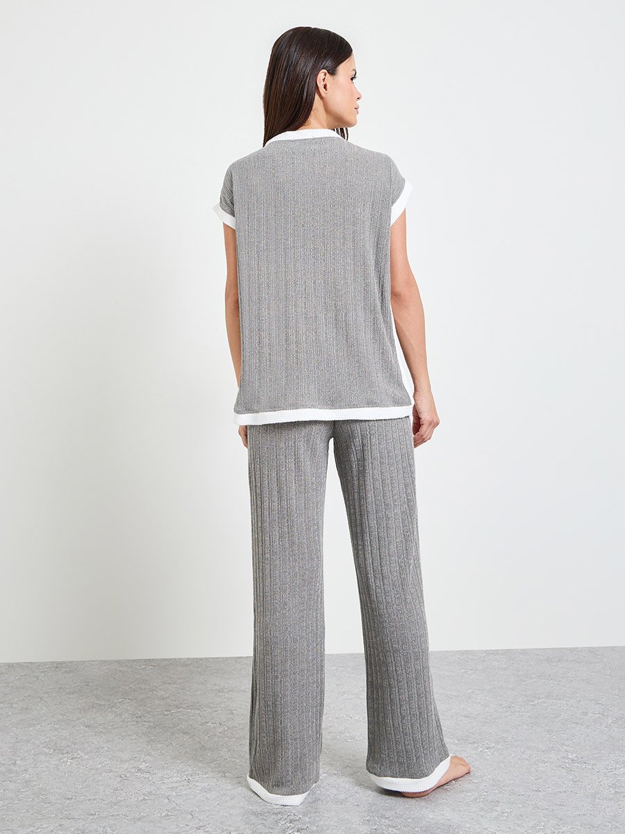 Grey Ribbed Contrast Trim Top and Pyjama Set