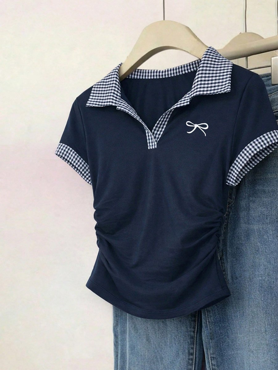 Navy Plaid Trim Polo Top With Bow Detail