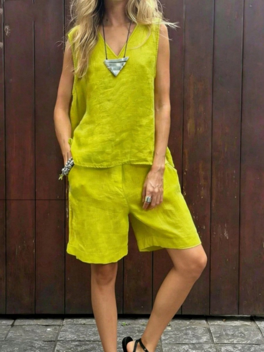 Green V Neck Top and Shorts Co-Ord Set