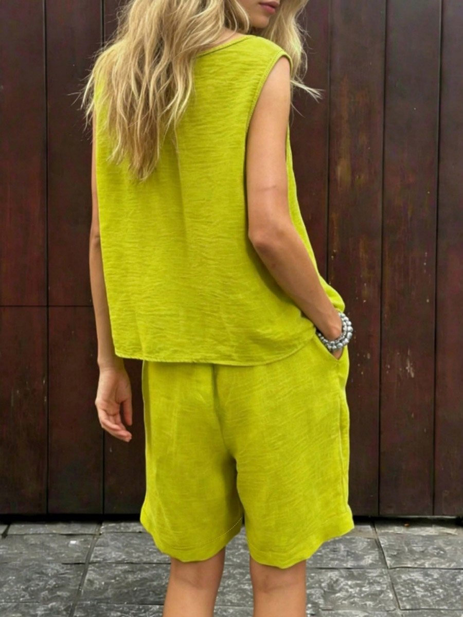 Green V Neck Top and Shorts Co-Ord Set
