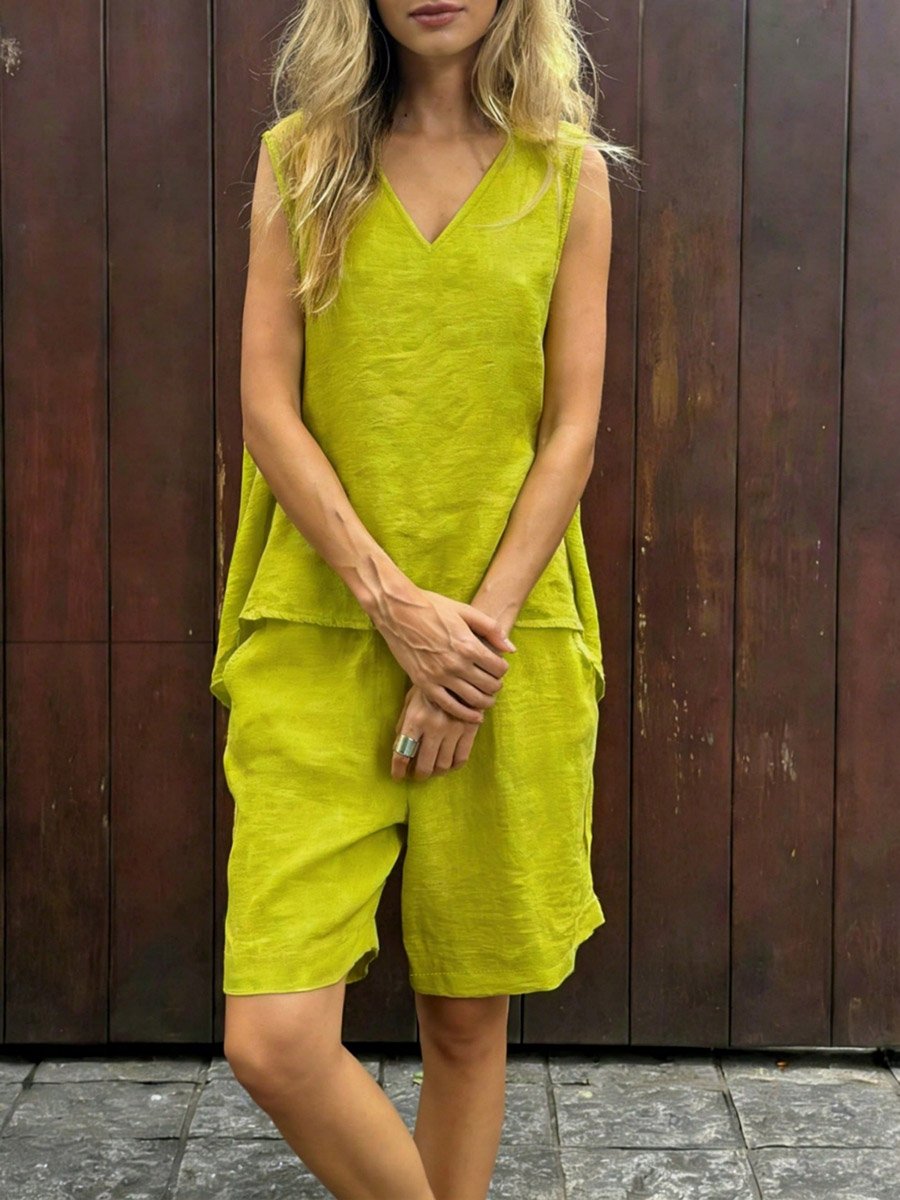 Green V Neck Top and Shorts Co-Ord Set