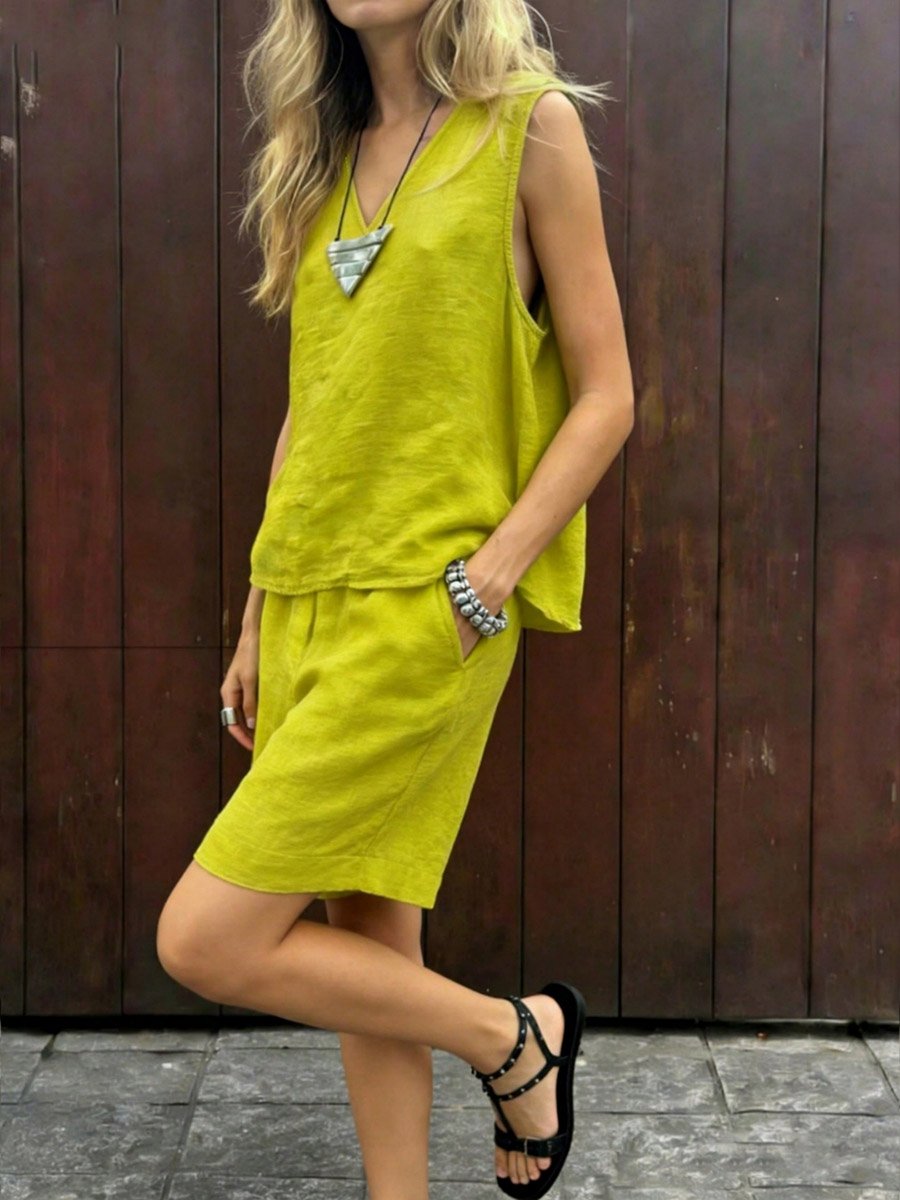 Green V Neck Top and Shorts Co-Ord Set