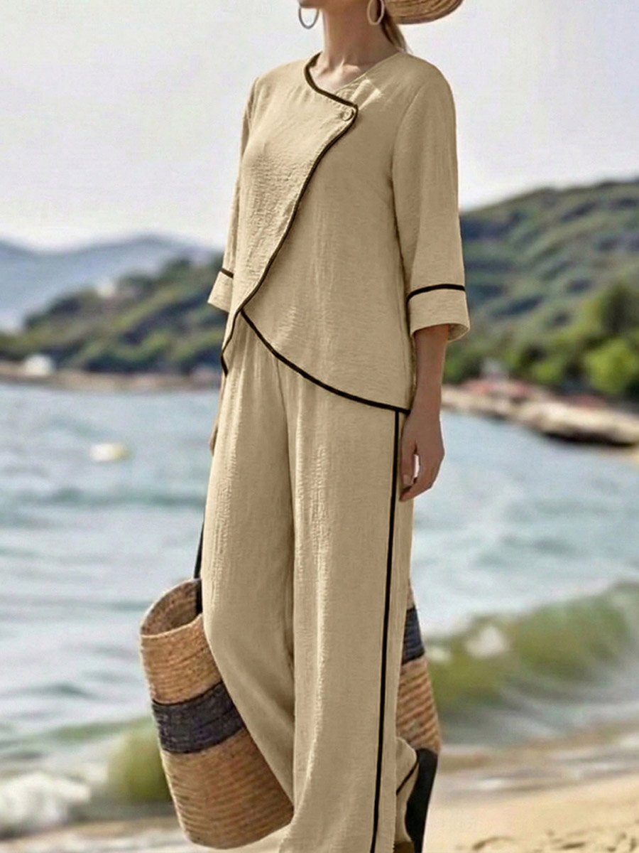 Khaki Textured Top and Loose Fit Trousers Co-Ord Set