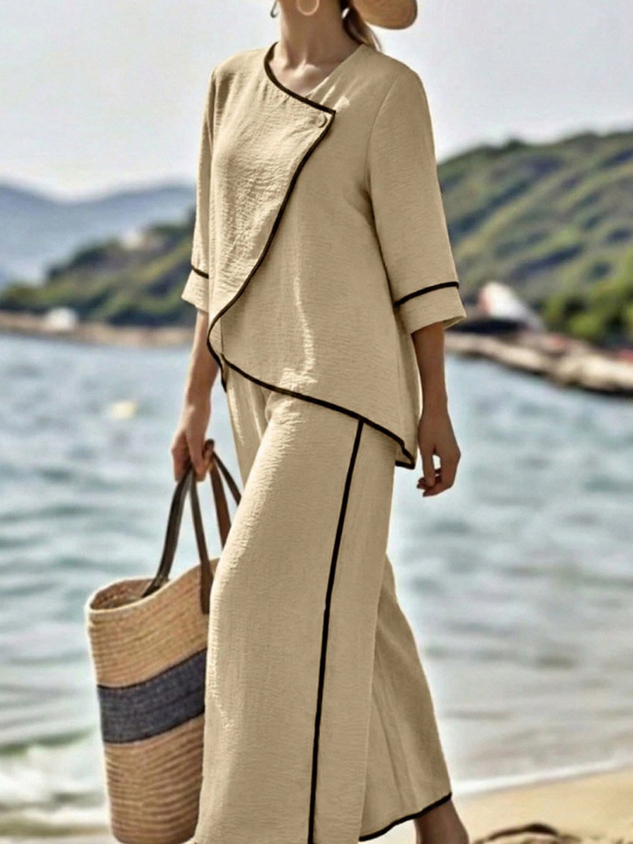 Khaki Textured Top and Loose Fit Trousers Co-Ord Set