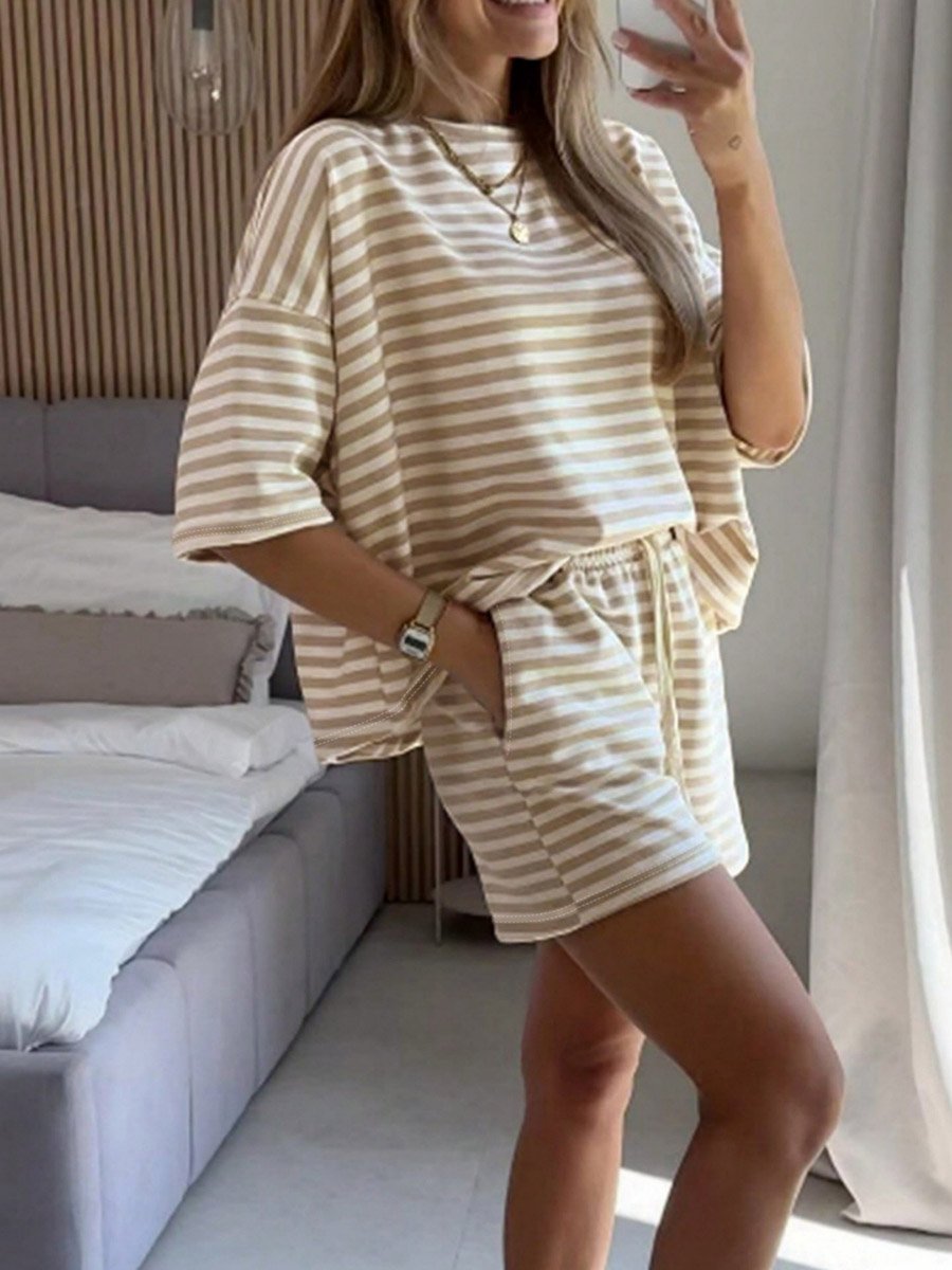 Beige Striped Oversized T-Shirt and Shorts Co-Ords