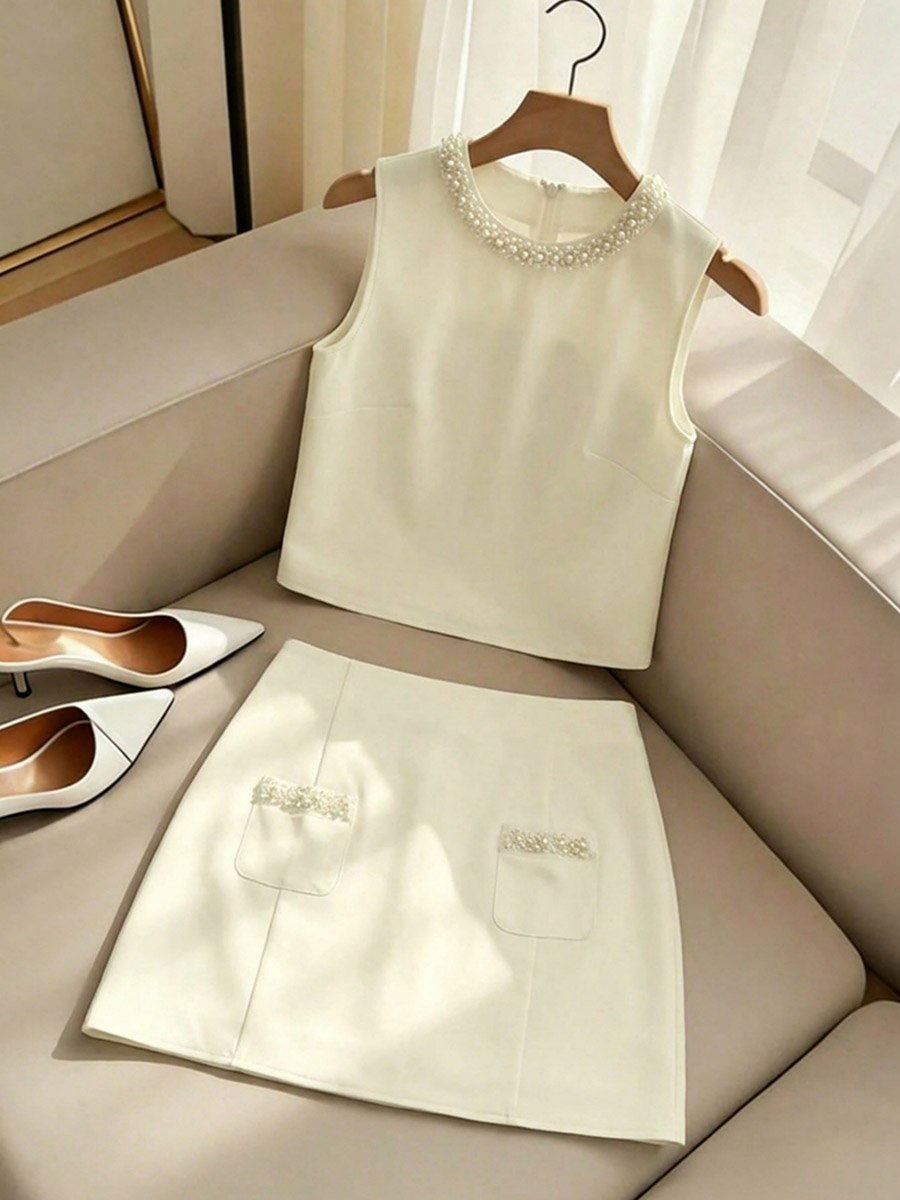  Beige Sleeveless Top and Mini Skirt Co-ord Set with Pearl Trim