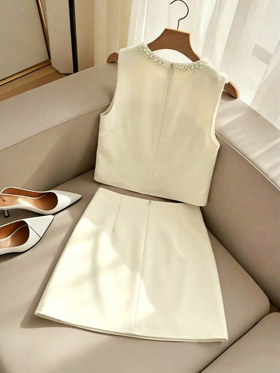  Beige Sleeveless Top and Mini Skirt Co-ord Set with Pearl Trim