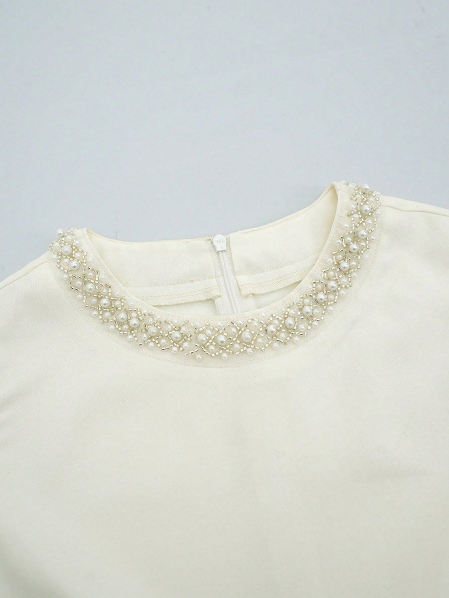  Beige Sleeveless Top and Mini Skirt Co-ord Set with Pearl Trim