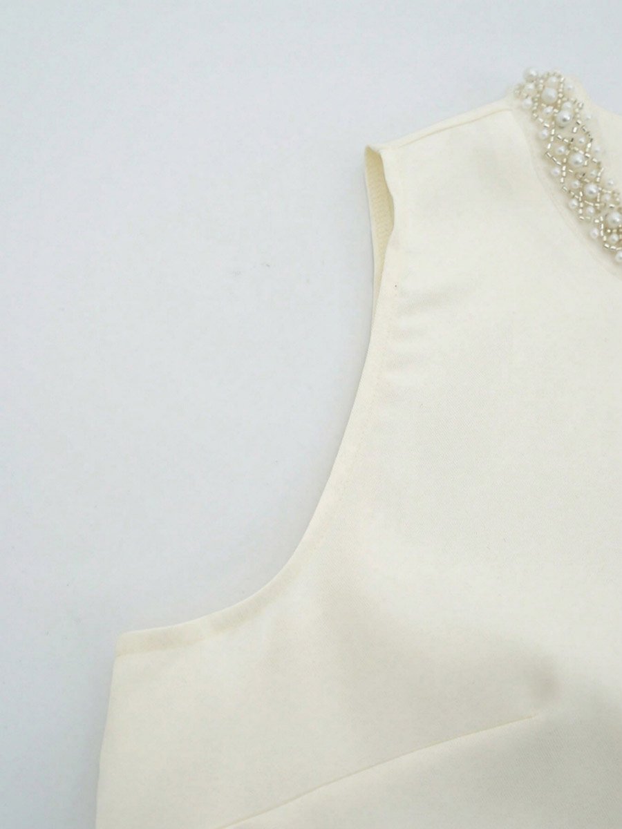  Beige Sleeveless Top and Mini Skirt Co-ord Set with Pearl Trim