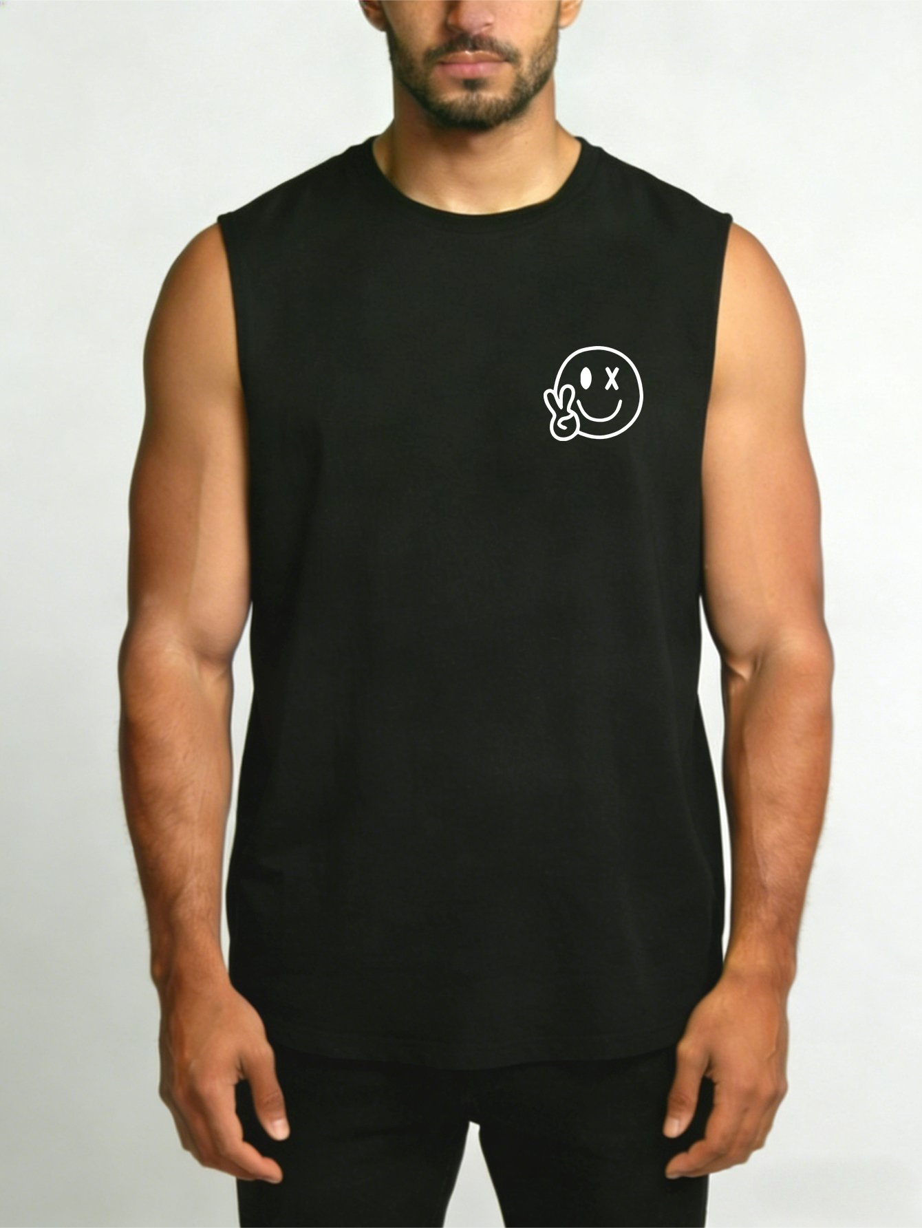Black Emoji Print Regular Tank Top