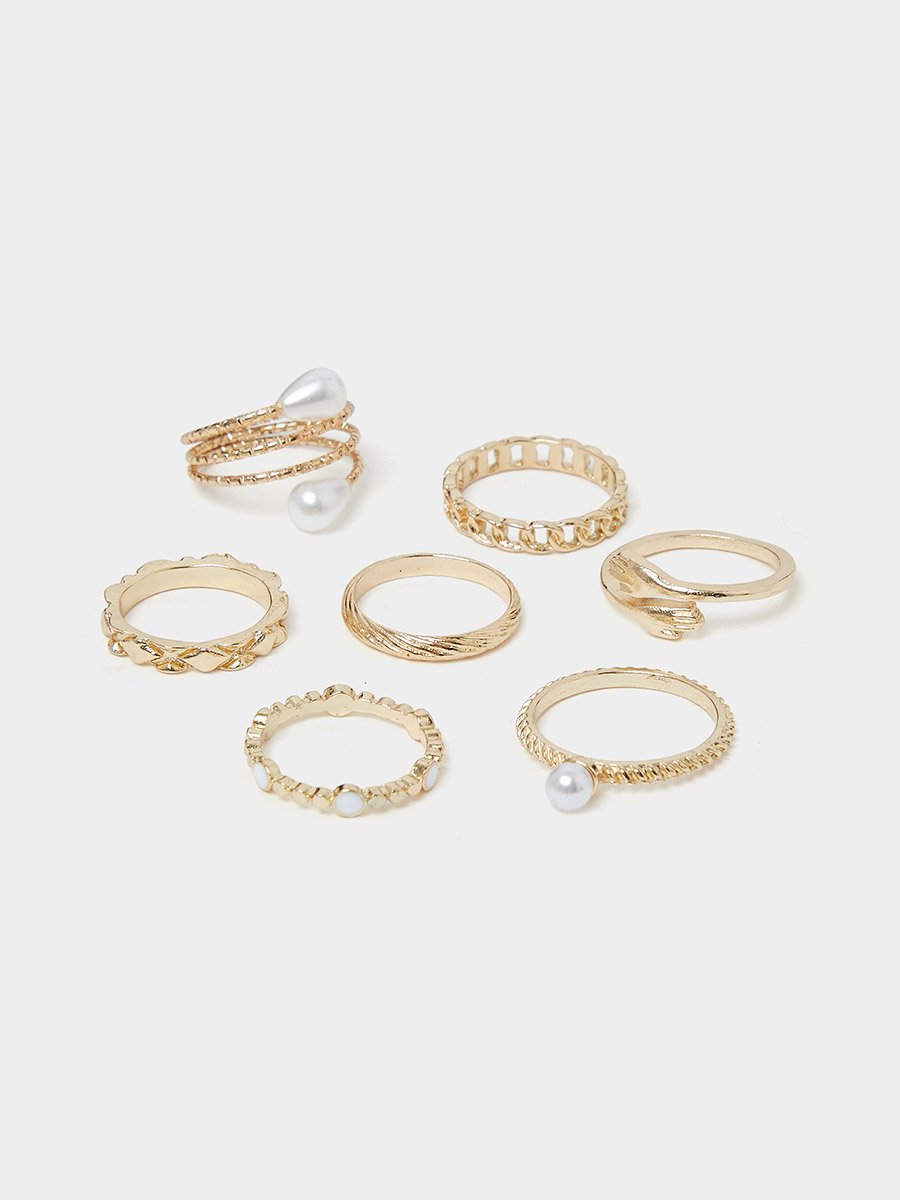 Gold Tone Casual Pearl and Gem Details Ring Set
