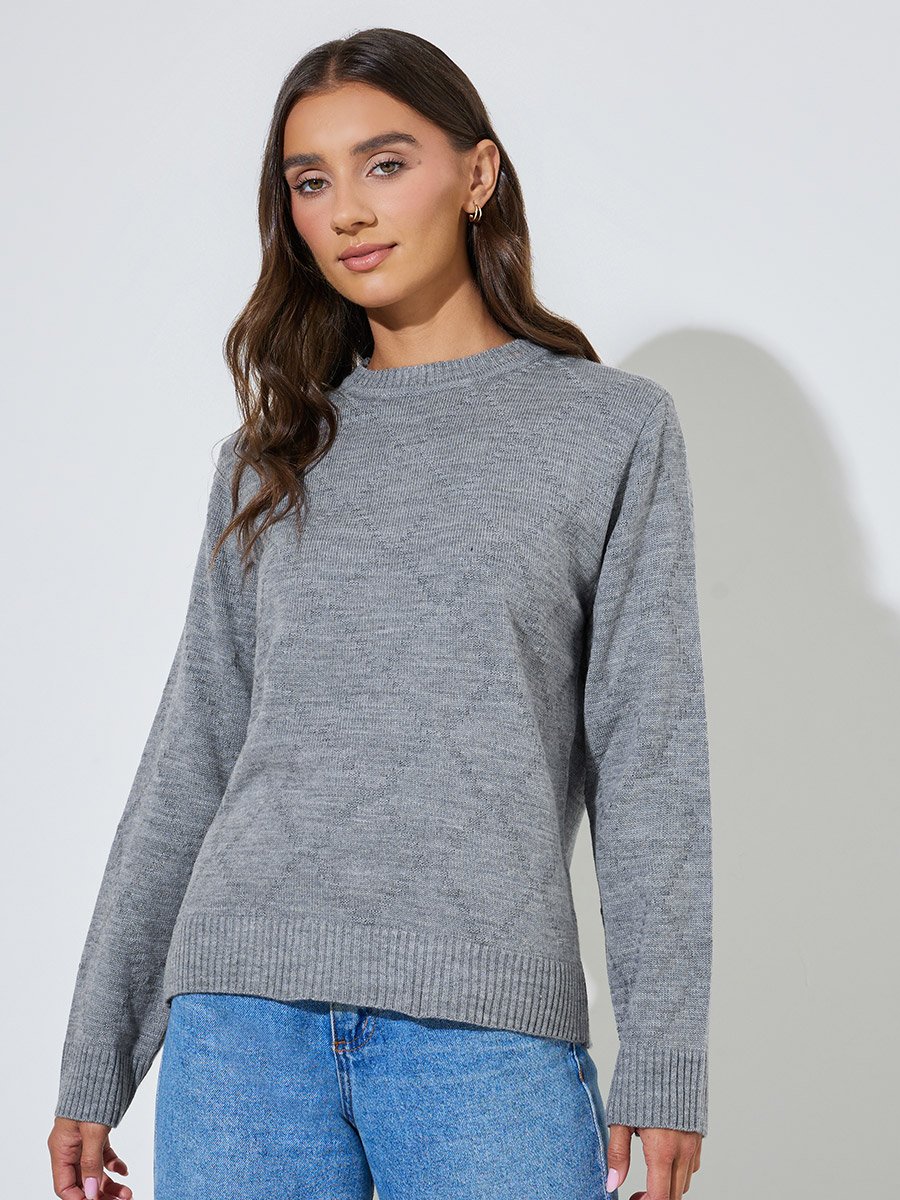 Grey Textured Long Sleeves Regular Fit Sweater 