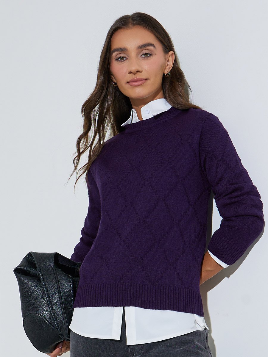 Purple Textured Long Sleeves Regular Fit Sweater 