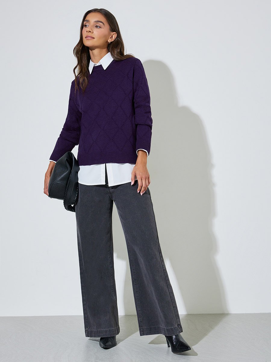 Purple Textured Long Sleeves Regular Fit Sweater 