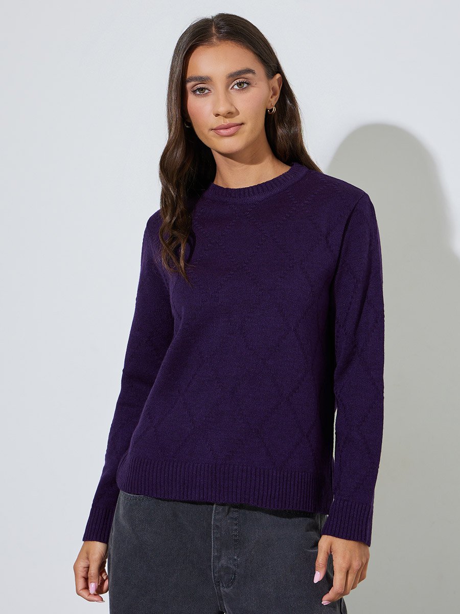 Purple Textured Long Sleeves Regular Fit Sweater 