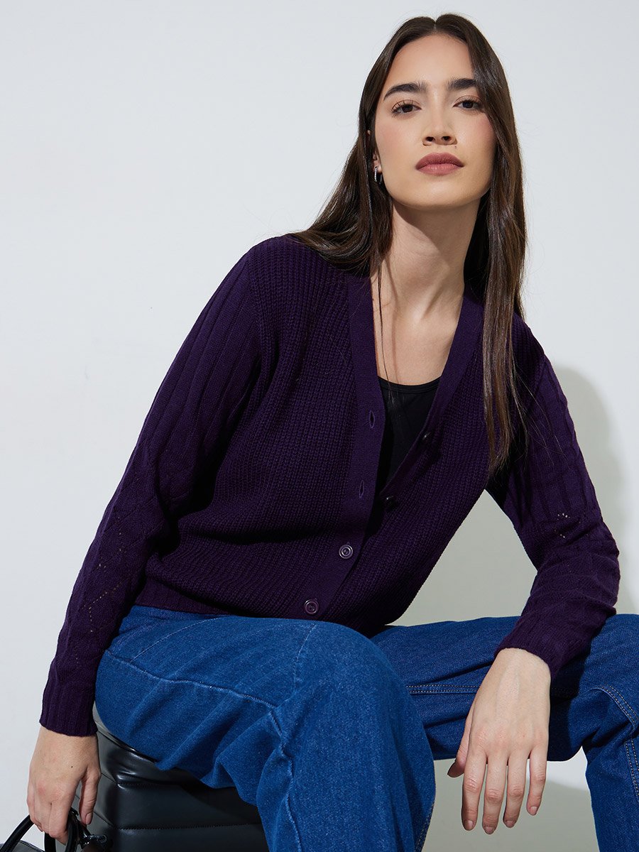 Purple Solid Button-Down Regular Fit Cardigan