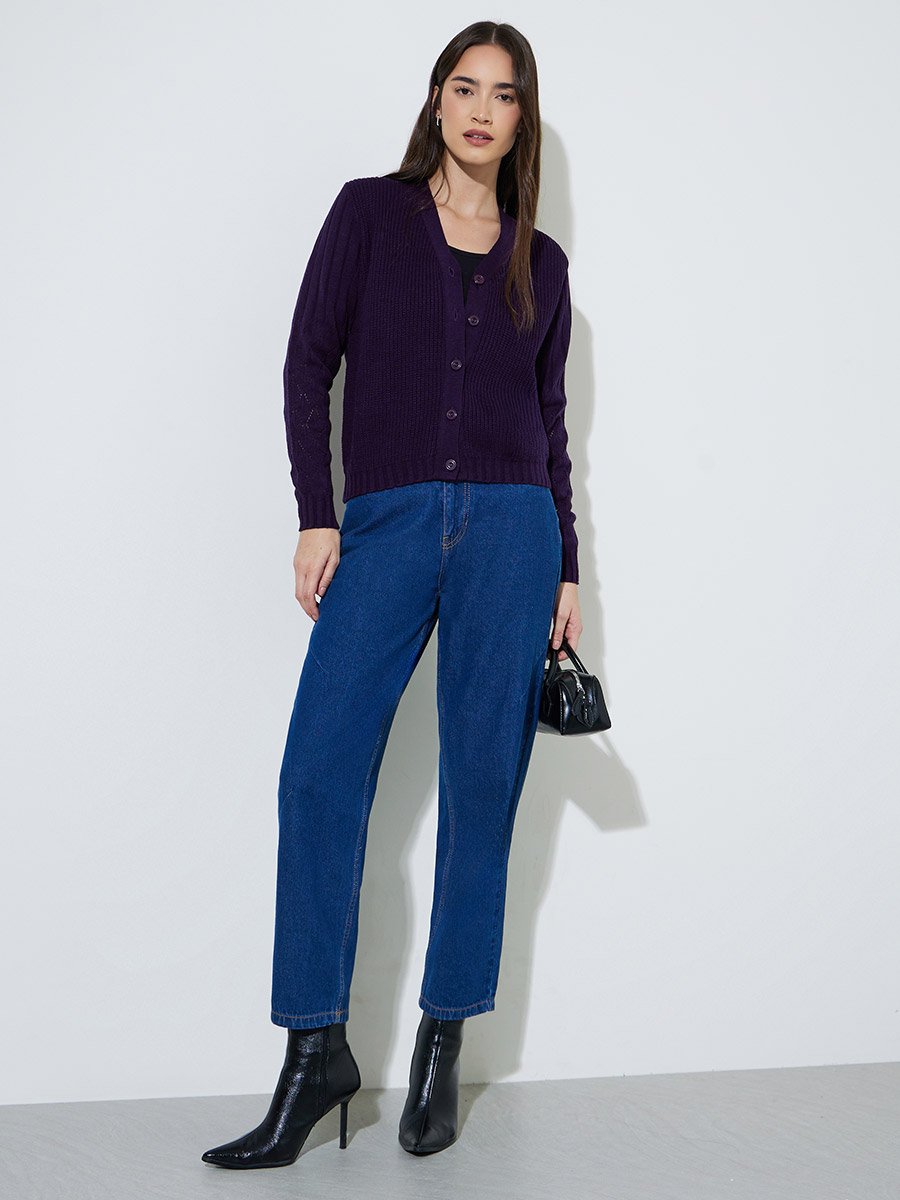 Purple Solid Button-Down Regular Fit Cardigan