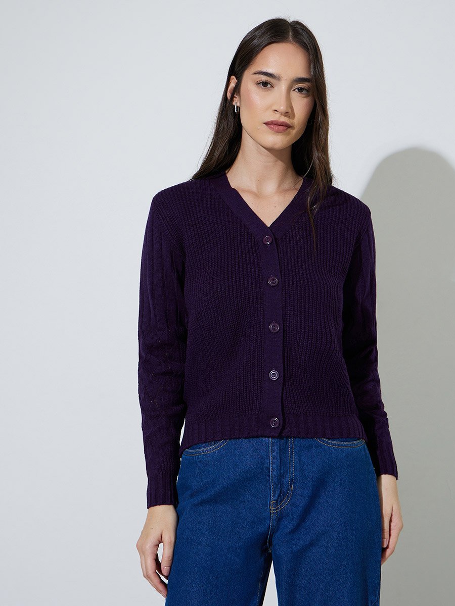 Purple Solid Button-Down Regular Fit Cardigan