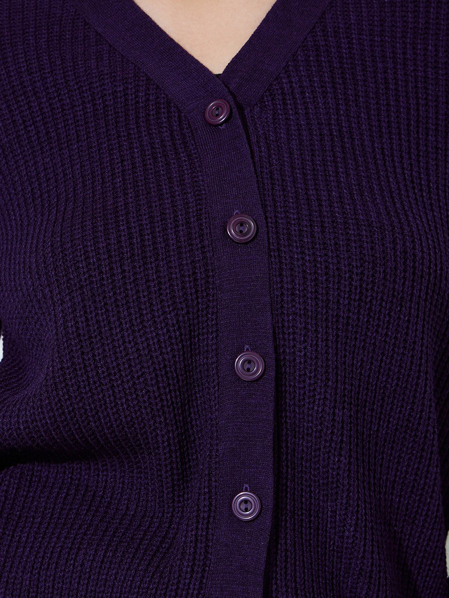 Purple Solid Button-Down Regular Fit Cardigan