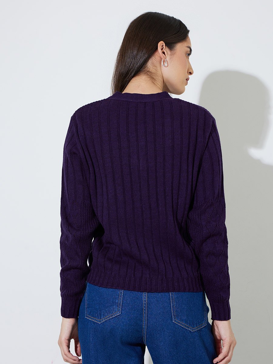 Purple Solid Button-Down Regular Fit Cardigan