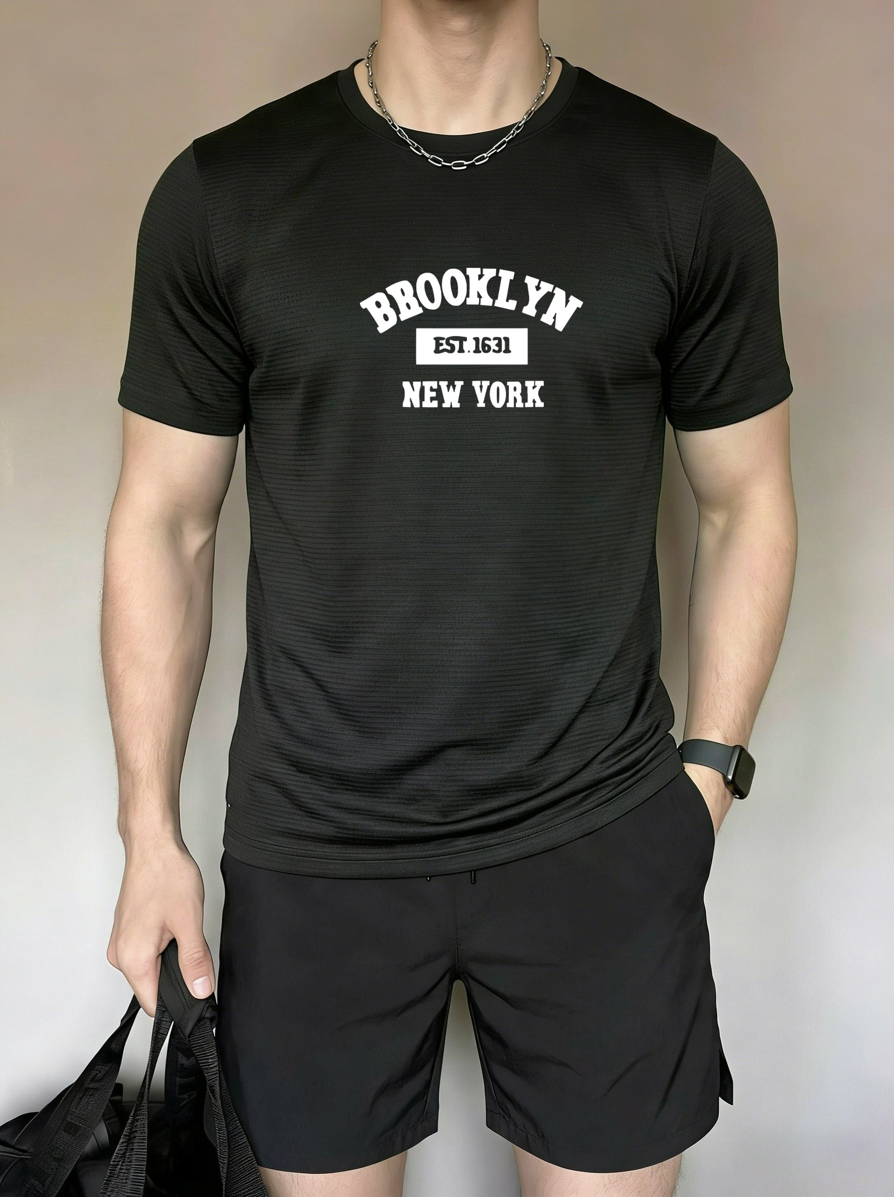 Mens Black Sports Co-ord: T-Shirt and Athletic Shorts