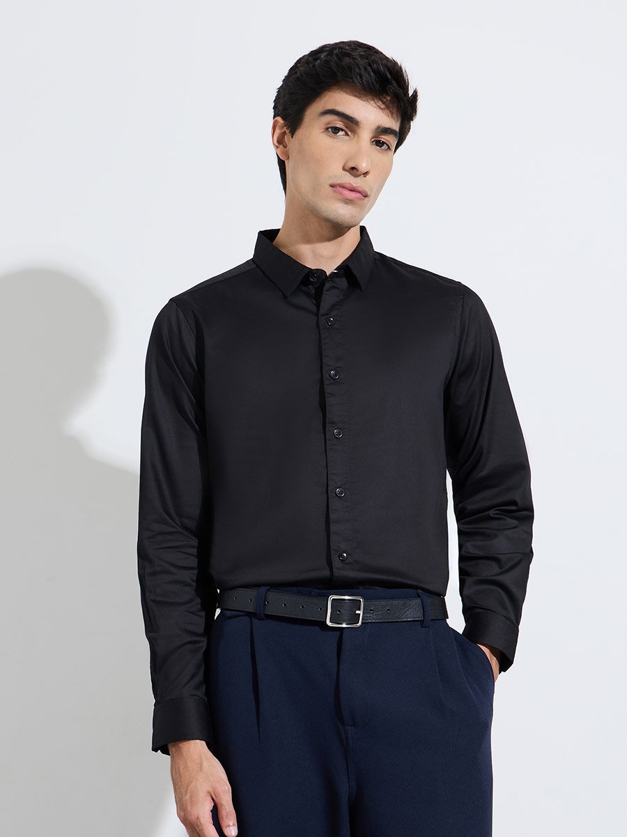 Black Solid Long Sleeves Satin Slim Fit Shirt