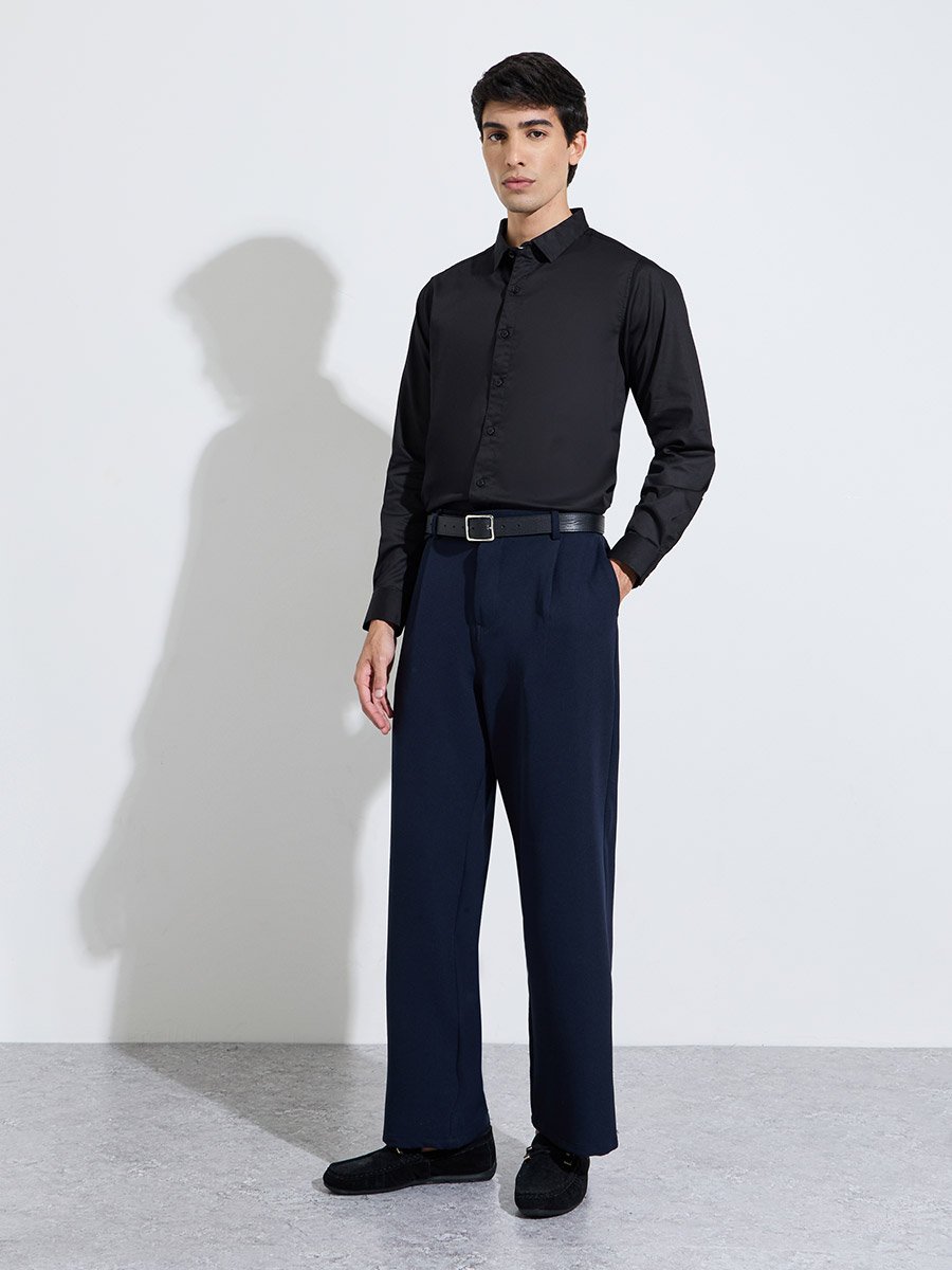 Black Solid Long Sleeves Satin Slim Fit Shirt