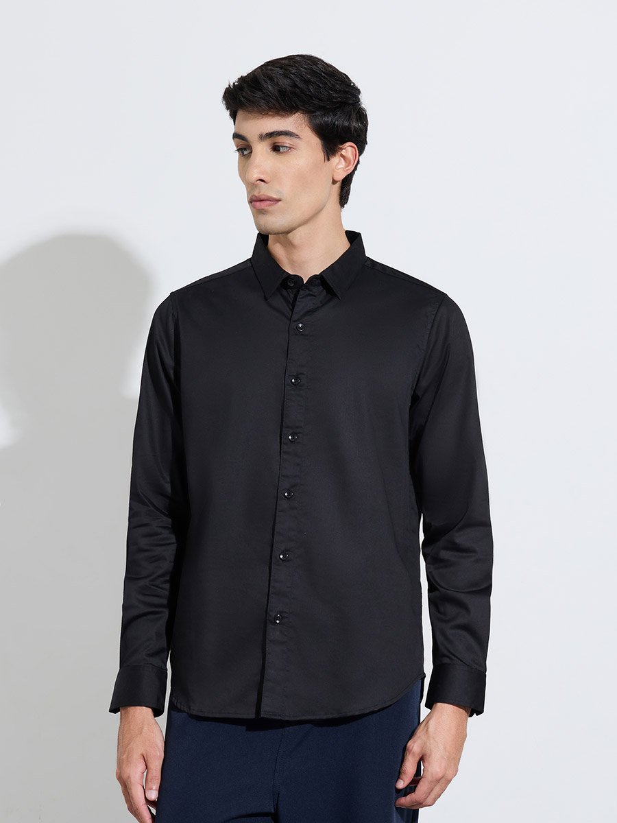 Black Solid Long Sleeves Satin Slim Fit Shirt