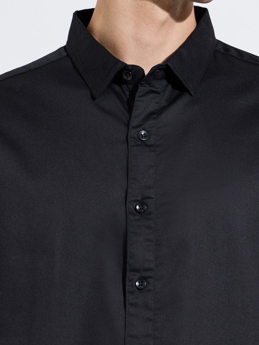 Black Solid Long Sleeves Satin Slim Fit Shirt