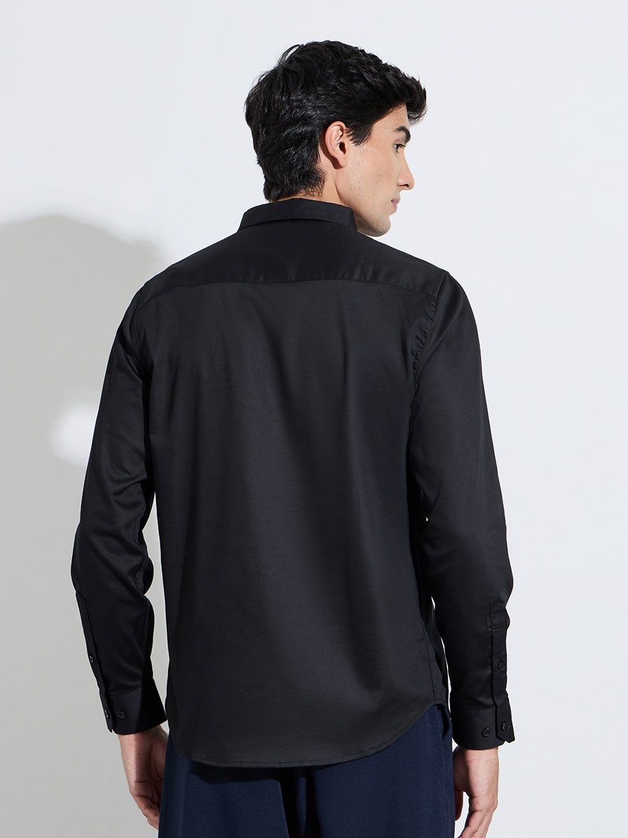 Black Solid Long Sleeves Satin Slim Fit Shirt