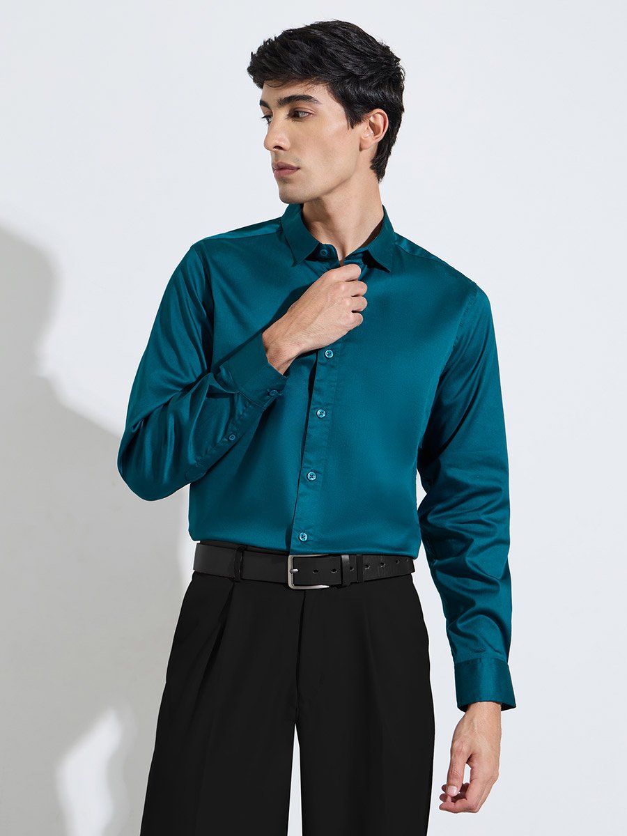 Teal Solid Long Sleeves Satin Slim Fit Shirt