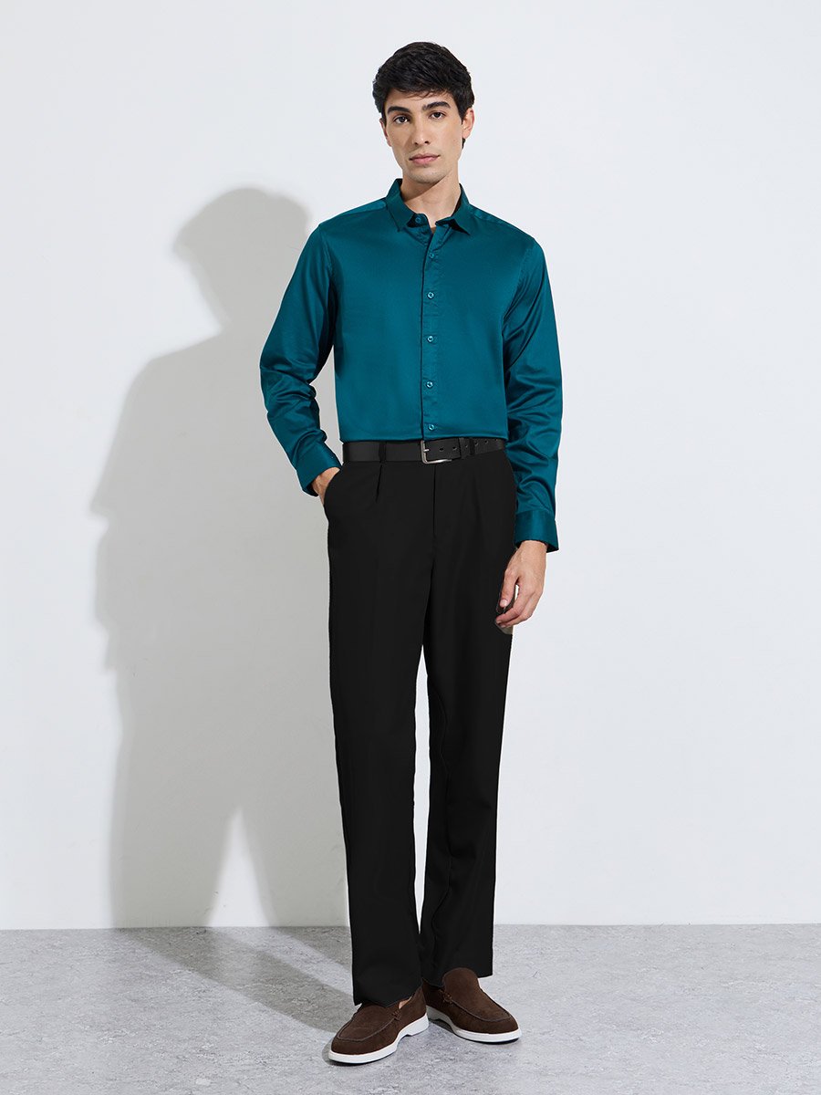 Teal Solid Long Sleeves Satin Slim Fit Shirt