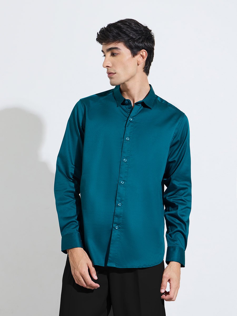 Teal Solid Long Sleeves Satin Slim Fit Shirt