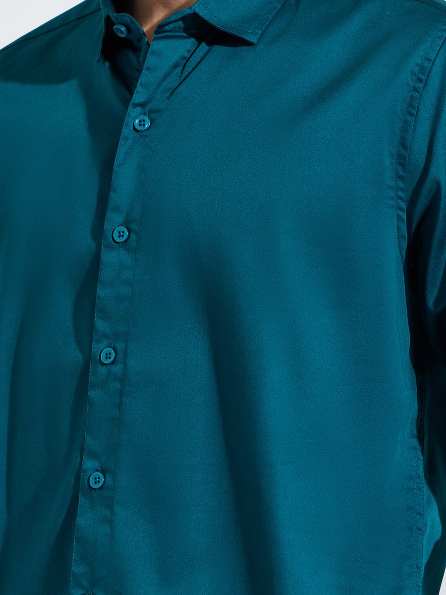 Teal Solid Long Sleeves Satin Slim Fit Shirt