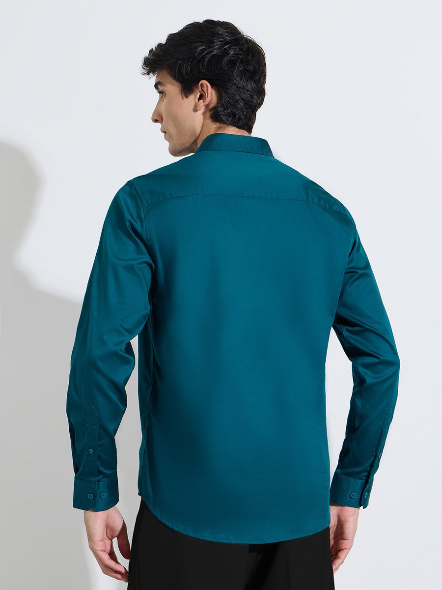 Teal Solid Long Sleeves Satin Slim Fit Shirt