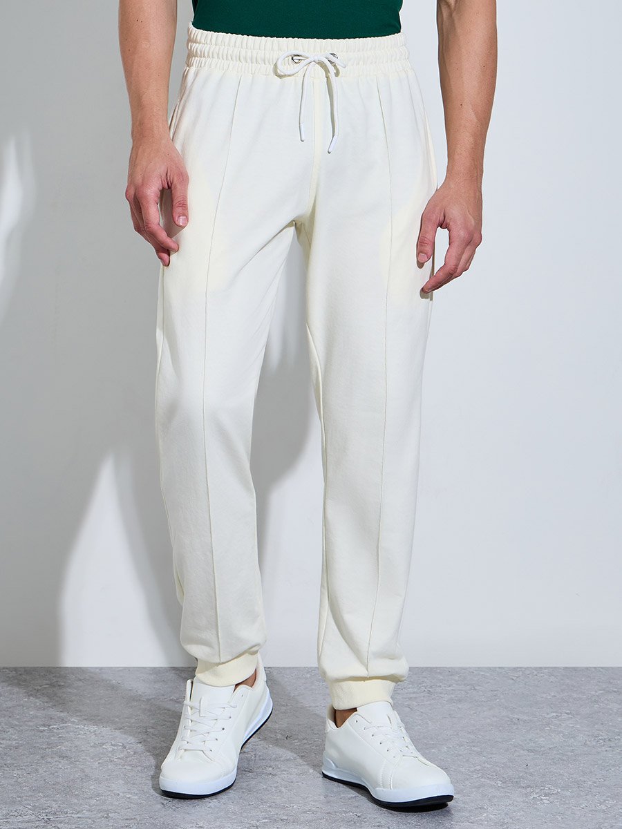 Men Cream Solid Slim Fit Cuffed Joggers