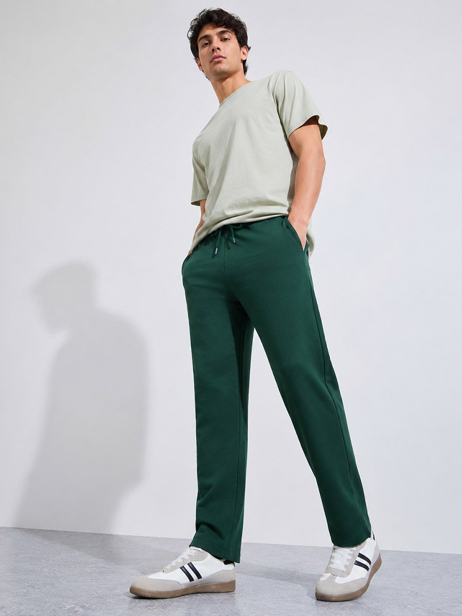 Dark Green Solid Pocket Details Straight Fit Sweatpants