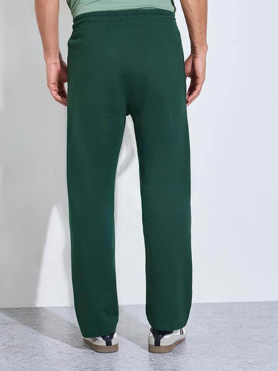 Dark Green Solid Pocket Details Straight Fit Sweatpants