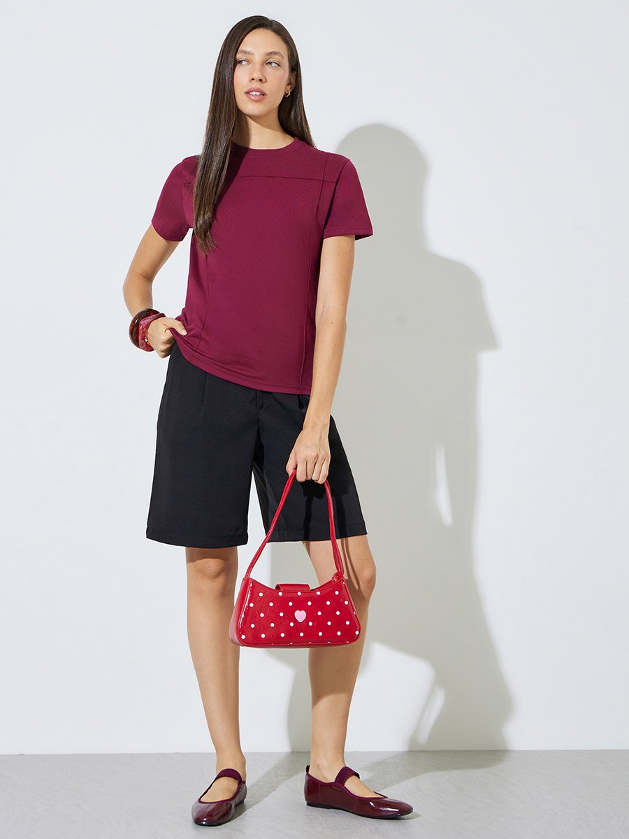 Burgundy Pintuck Detail Cotton Round Neck T-Shirt