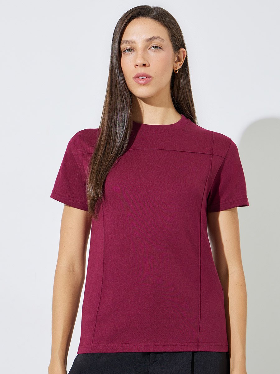 Burgundy Pintuck Detail Cotton Round Neck T-Shirt