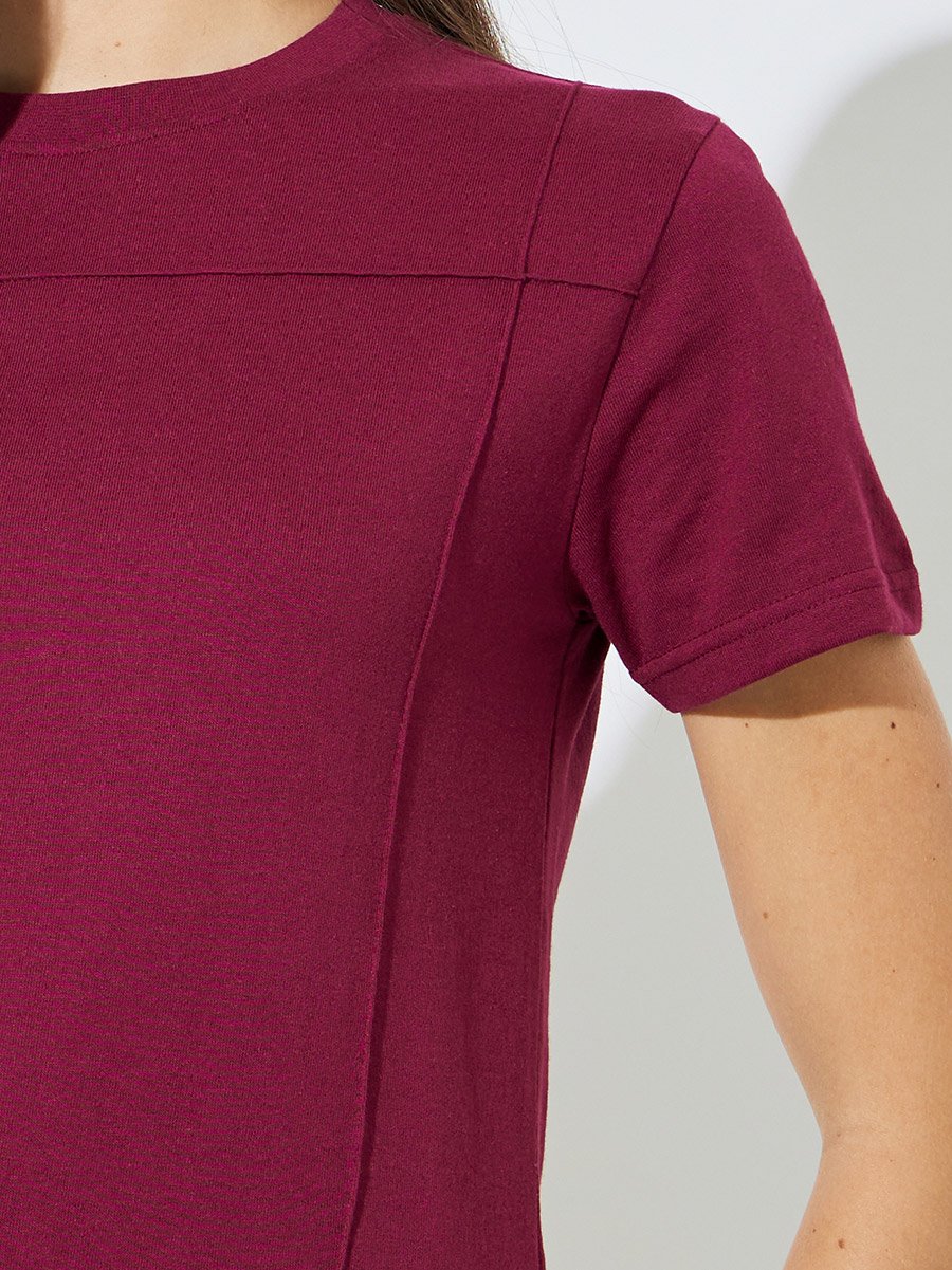 Burgundy Pintuck Detail Cotton Round Neck T-Shirt