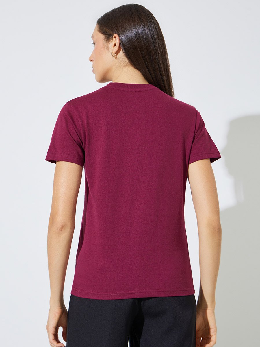 Burgundy Pintuck Detail Cotton Round Neck T-Shirt