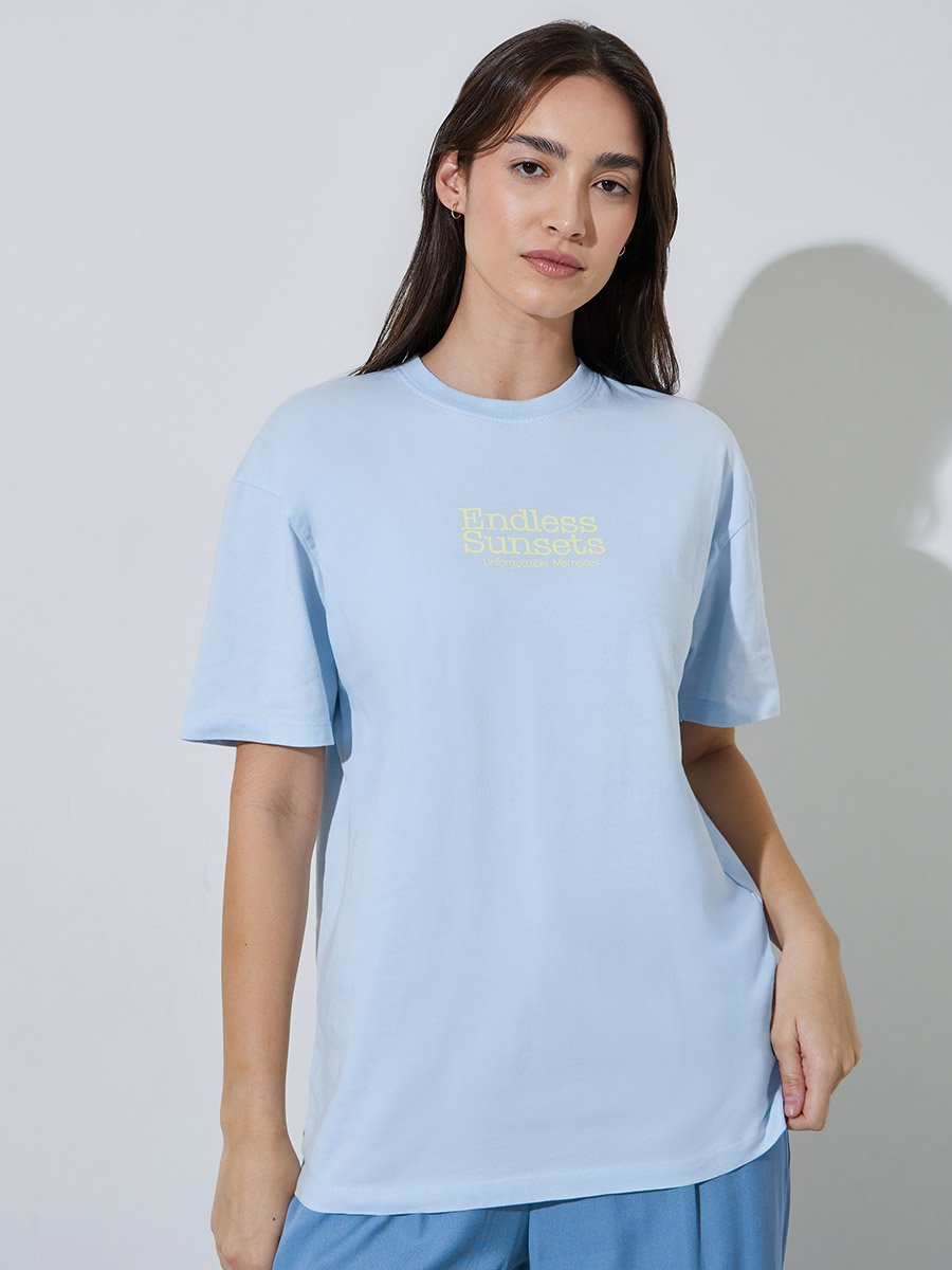 Blue Slogan Print Oversized T-Shirt