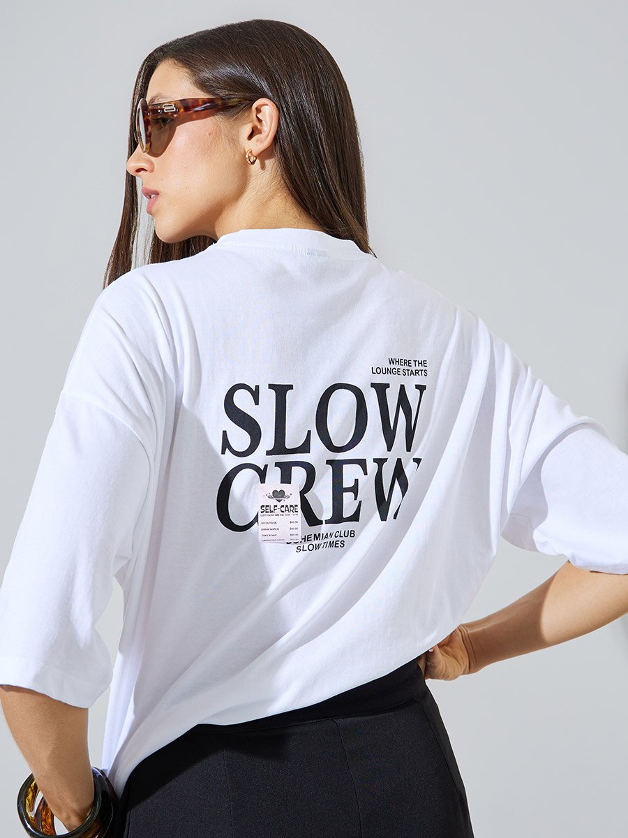 White Oversized Graphic Print Cotton T-Shirt