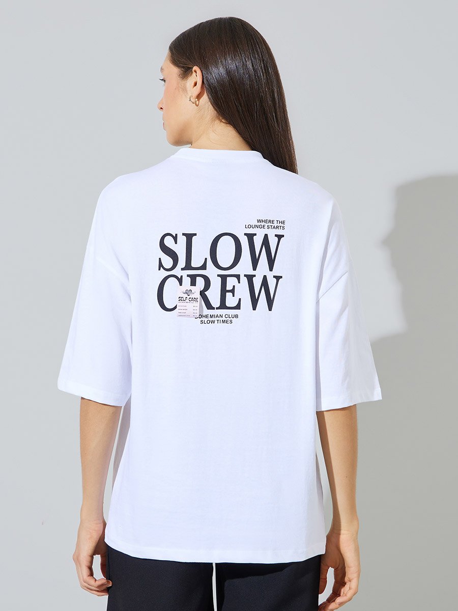 White Oversized Graphic Print Cotton T-Shirt